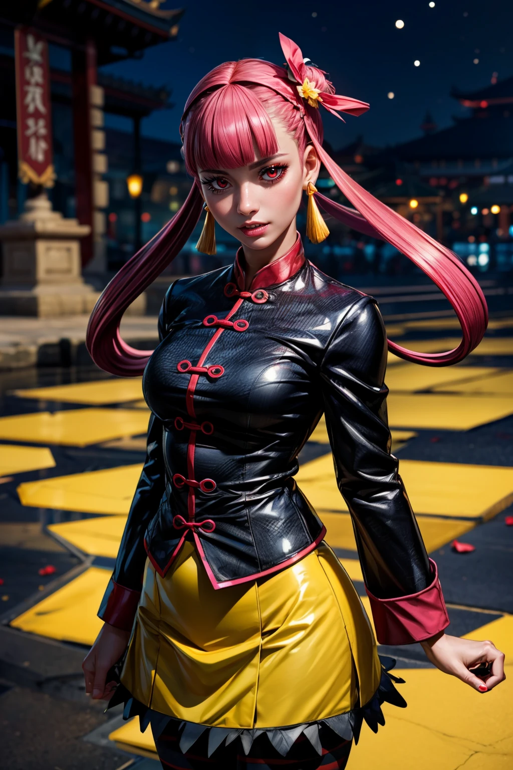 (ultra realistic,32k, masterpiece:1.2),(high detailed skin:1.1),( high quality:1.1),  <lora:Punk_Girl_Pokemon:0.8>,  punk girl (pokemon), pink hair, red eyes, sharp teeth, hair rings, jewelry, chinese clothes, black jacket, yellow skirt, striped pantyhose,  blooming stars, luminescent petals, otherworldly fragrance blurry background, (looking at viewer, standing:1.1), <lora:add_detail:0.92>, (glowwave:1.1),