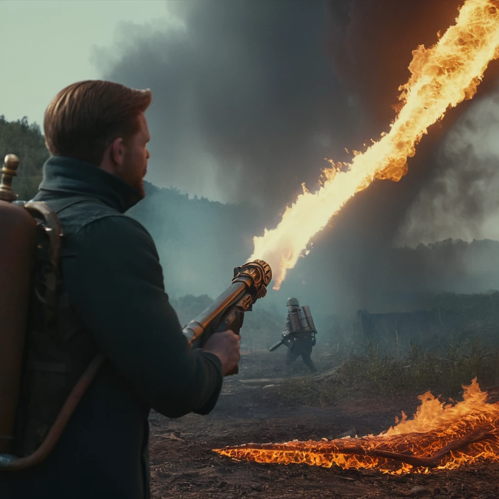 cinematic film still of <lora:Flamethrower:1>
Flamethrower a man is throwing a fire weapon at a fire,flame weapon,flame gun,fire from gun barrel,big fire,flames,1boy,holding,weapon,sword,holding weapon,holding sword,fire,energy sword,orange theme,molten rock,lightsaber , realistic, realism, photorealism, hyperrealism, hyperrealistic, realistic, sharp, detailed, cinematography style, film light style, still, professional photography, artistic, perfection, contrast, cinematic, filmic, high quality photo, 8k quality, colorful, photography style, weapon style, shallow depth of field, vignette, highly detailed, high budget, bokeh, cinemascope, moody, epic, gorgeous, film grain, grainy