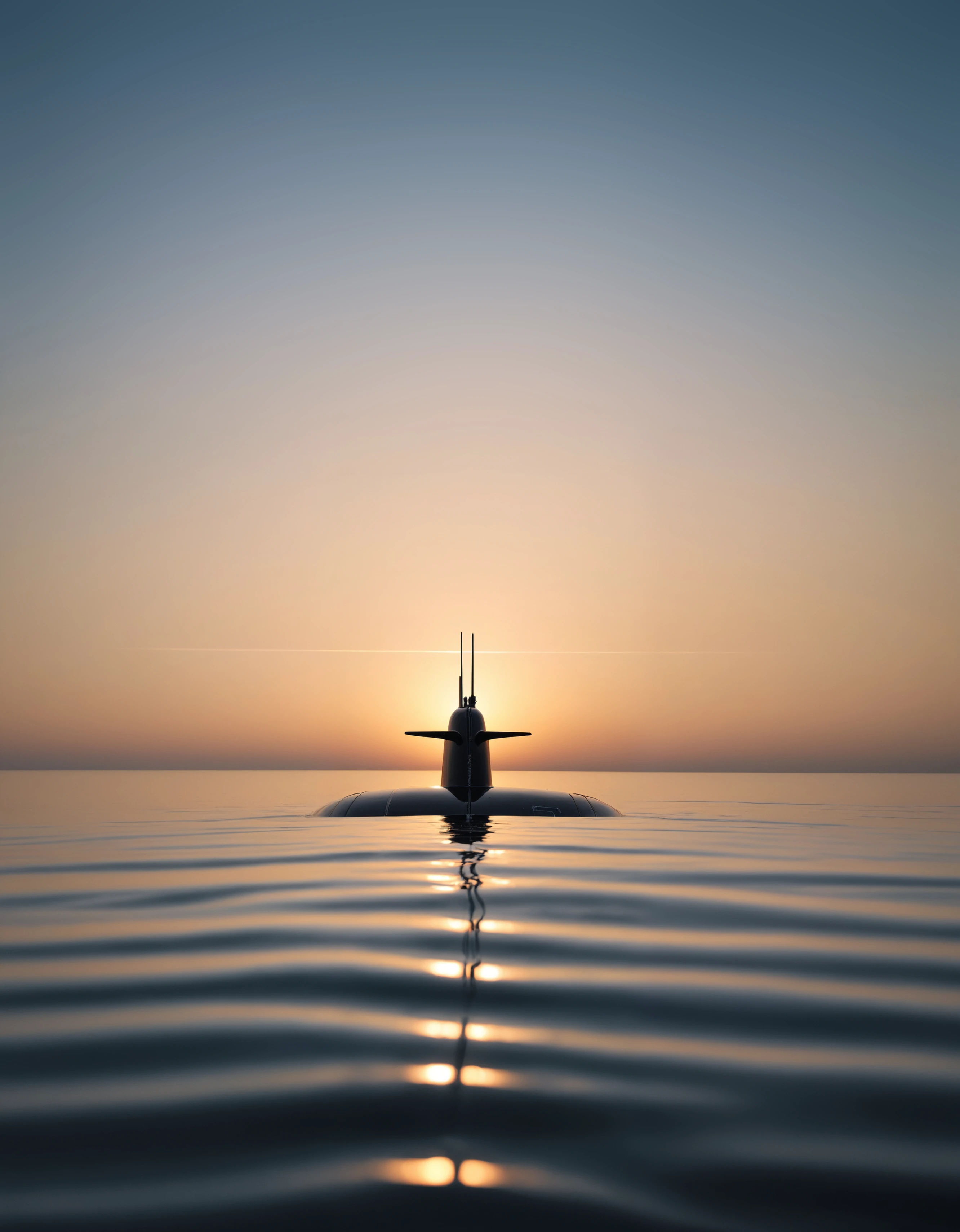 minimalist award winning photo of a submarine going to infinity on the sea at dawn towards the rising sun, made of very bold lines, emphasis lines, perfect lines, infinity lines,