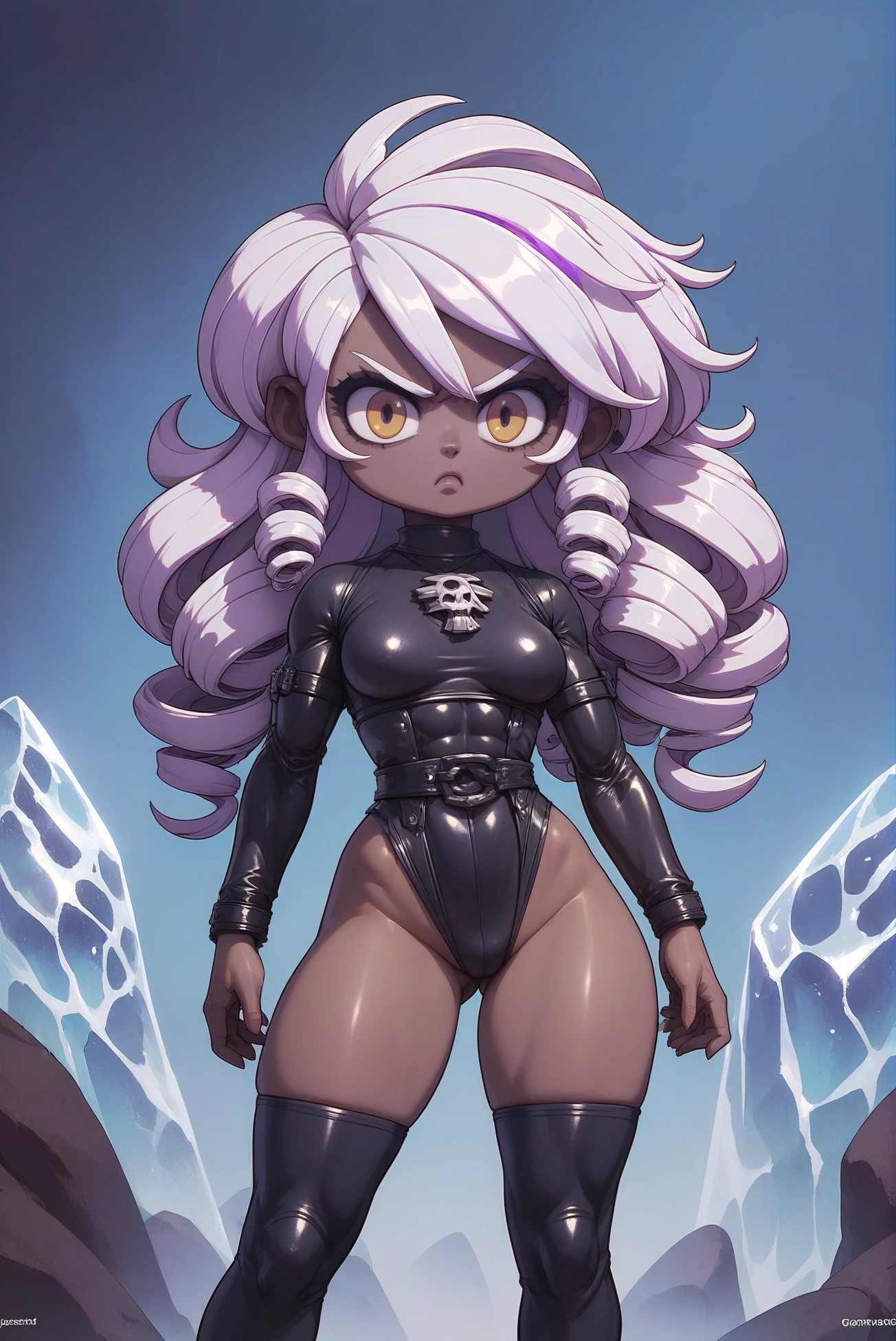 source_anime, score_9, score_8_up, score_7_up, full color kawaii, 1girl, woman, angry sci-fi celtic medicine woman, athletic, sexy leather armor, leather pauldrons, (warpaint:1), white hair, drill hair, contrapposto, with a pet Black Bear, bombshell hair, shiny deep color:steelblue and purple hair, Tight Curls, toned body, athletic build, narrow waist, wide hips, medium breasts, (african, dark skin:0.6), Ice Elemental Zone <lora:EnvyPonyChibi01:1>