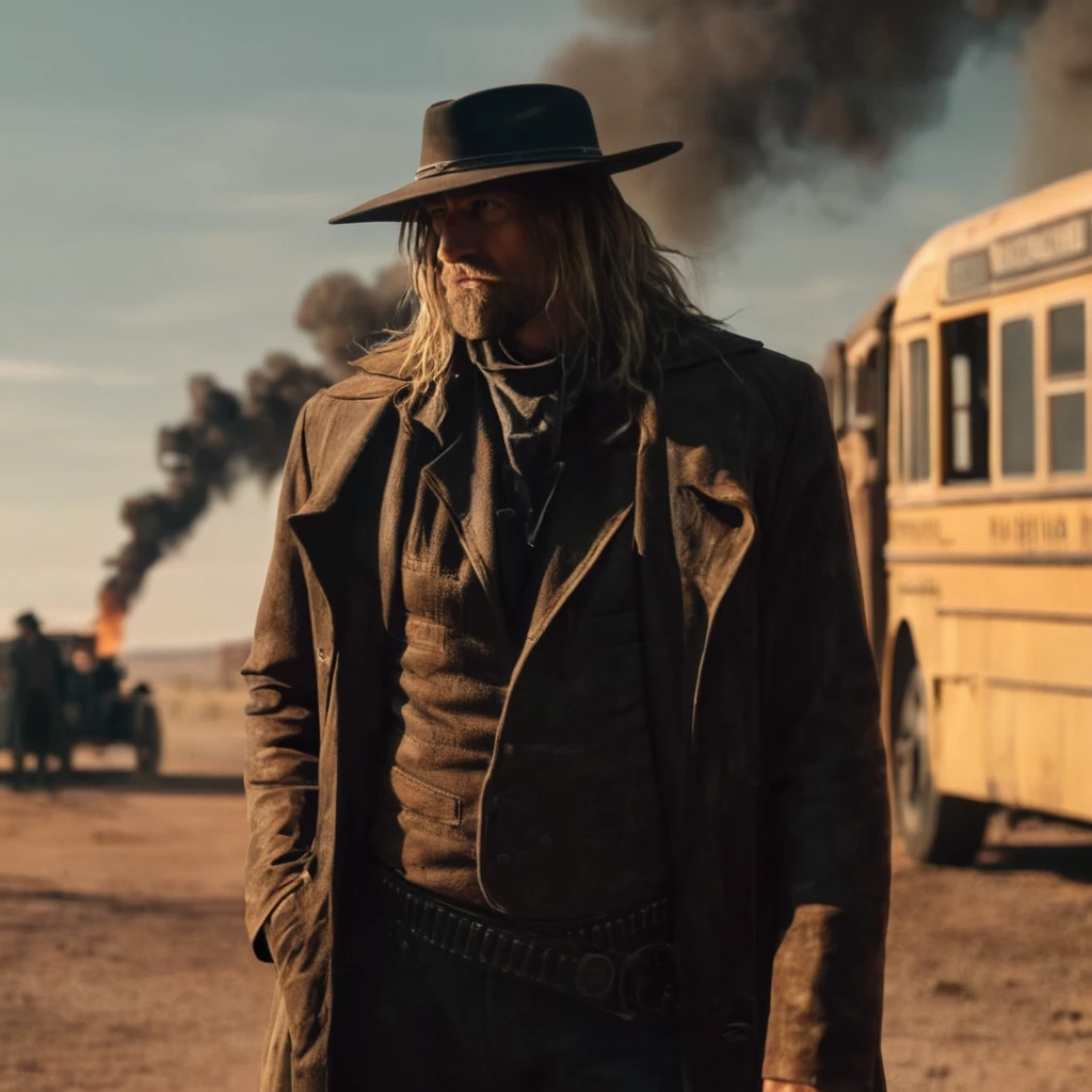 cinematic film still of  <lora:The Saint of Killers:1>
In the wild west, a picture of The Saint of Killers a man in a long coat standing next to a bus with explosion in background,solo,blonde hair,1boy,hat,standing,male focus,outdoors,pants,tree,ground vehicle,motor vehicle,smoke,car , realistic, realism, photorealism, hyperrealism, hyperrealistic, realistic, sharp, detailed, cinematography style, film light style, movie still,  professional photography, artistic, perfection, contrast, cinematic, filmic, high quality photo,  8k quality, colorful, photography style, horror themed, western style, shallow depth of field, vignette, highly detailed, high budget, bokeh, cinemascope, moody, epic, gorgeous, film grain, grainy