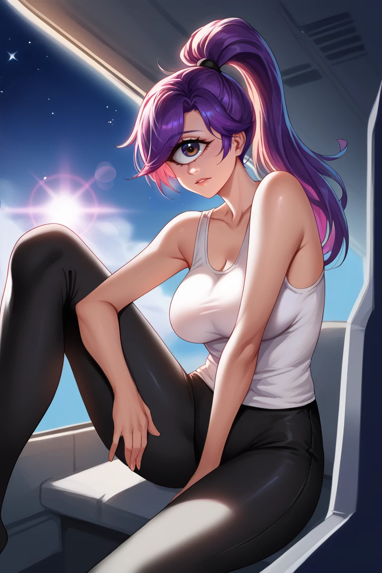 score_9, score_8_up, score_7_up, BREAK, <lora:liangxing-guy-PONYv1:1>, 1girl, solo, breasts, depth of field, lens flare,  <lora:turangaleela-guy-PONYv1:.95>, one-eyed, ponytail, black pants, tank top, cyclops, purple hair, sitting, spacecraft interior, indoors, space, star \(sky\), black background, leg up,