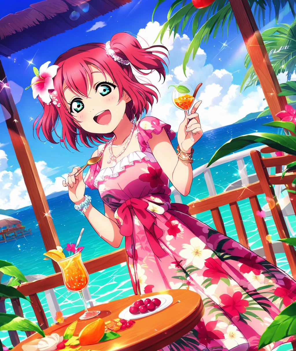 kurosawa ruby, love live!, red hair, aqua eyes, two side up, twintails, small breasts, hair flower, hair ornament, flower, spoon, ocean, open mouth, floral print, dress, smile, food, outdoors, day, holding spoon, jewelry, orange slice, fruit, orange \(fruit\), table, bracelet, sky, pink dress, sparkle, blush, ^_^, necklace, cherry, cloud, lens flare, tropical drink, cup, holding, :d, blue sky, short sleeves, beach, collarbone, drinking glass, water, drinking straw, railing, drink, chair, sunlight, print dress, tree, horizon, scrunchie, summer, hibiscus, palm tree, frills, ice cream, teeth
BREAK
score_9, score_8_up, score_7_up, score_6_up, source_anime <lora:LLChar_Pony_Aq-000020:0.8>
