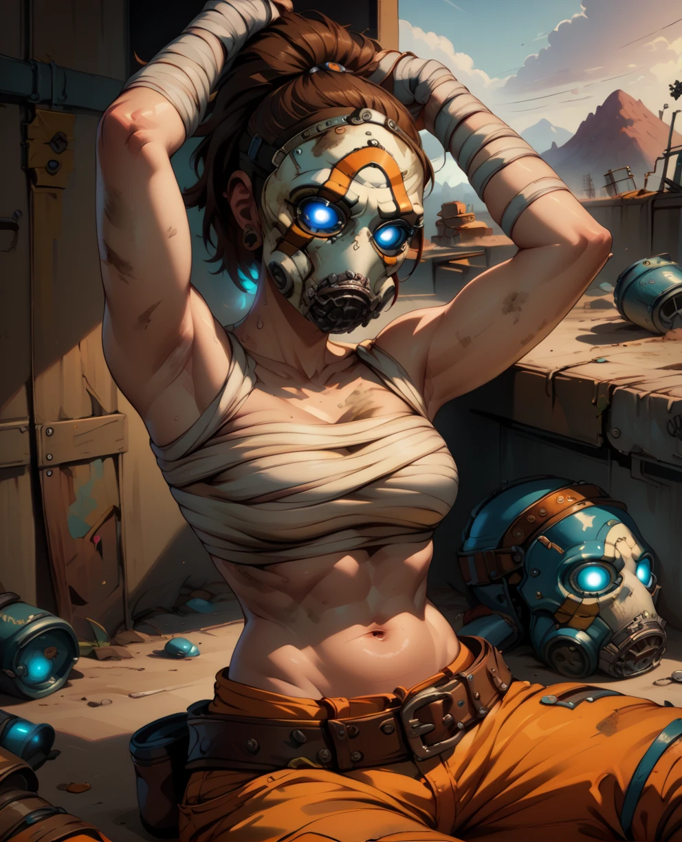 (((Masterpiece))), (((Best Quality: 1.4))), ((Super Detail: 1.4)) , Female, bandit (borderlands), standing, full breast, 4K, 8K, perfect eyes, perfect hands, NSFW, nipples, vagina, naked,