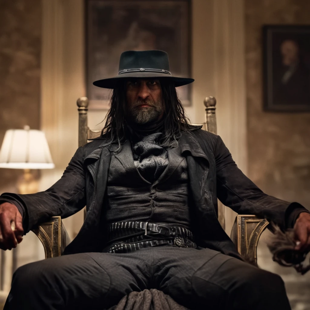 cinematic film still of  <lora:The Saint of Killers:1>   Colt 1847 Walkers
In the wild west, a picture of The Saint of Killers a man sitting in a throne chair with a hat on and a stuff puppet in his hand,solo,shirt,black hair,long sleeves,1boy,hat,sitting,jacket,male focus,open clothes,necktie,belt,pants,open jacket,black jacket,black headwear,chair,black pants,formal,suit,fedora , realistic, realism, photorealism, hyperrealism, hyperrealistic, realistic, sharp, detailed, cinematography style, film light style, movie still,  professional photography, artistic, perfection, contrast, cinematic, filmic, high quality photo,  8k quality, colorful, photography style, horror themed, western style, shallow depth of field, vignette, highly detailed, high budget, bokeh, cinemascope, moody, epic, gorgeous, film grain, grainy