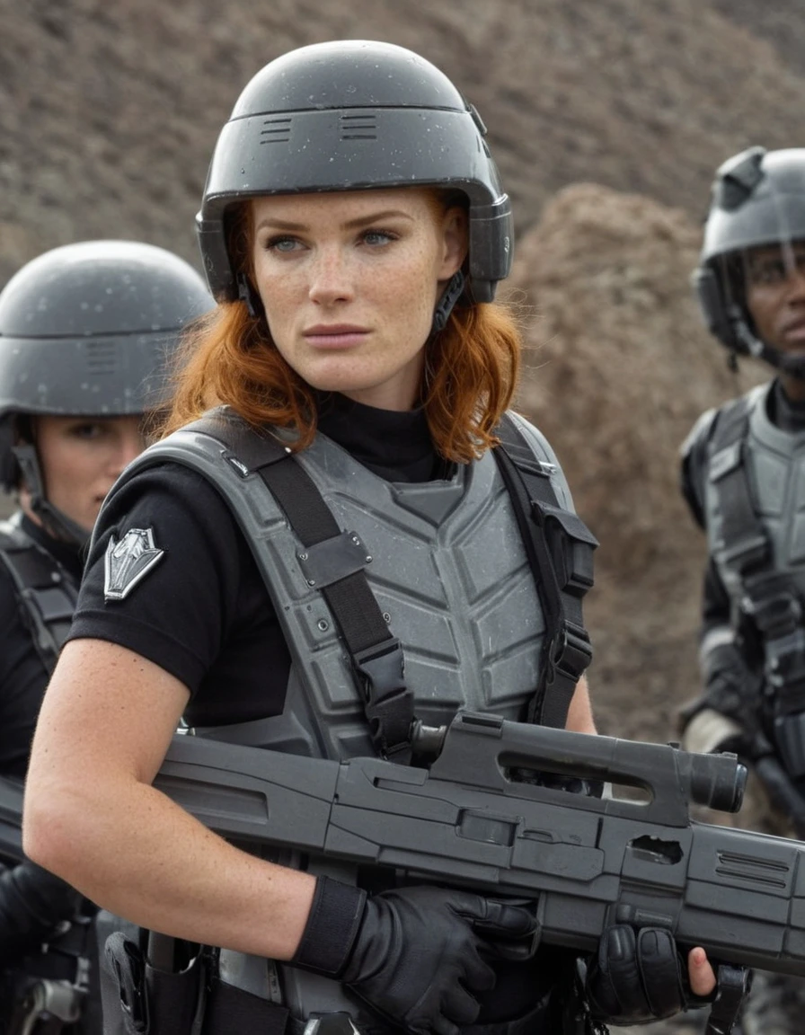 <lora:AFCD9ACB2E:0.6> Medium length photograph of a red haired supermodel wearing a Starship-trooper-uniform-with-helmet and holding a Starship-Trooper-Rifle, freckles, scene from a movie, promotional still, promo still, detailed skin texture, realistic, <lora:add-detail-xl:1>