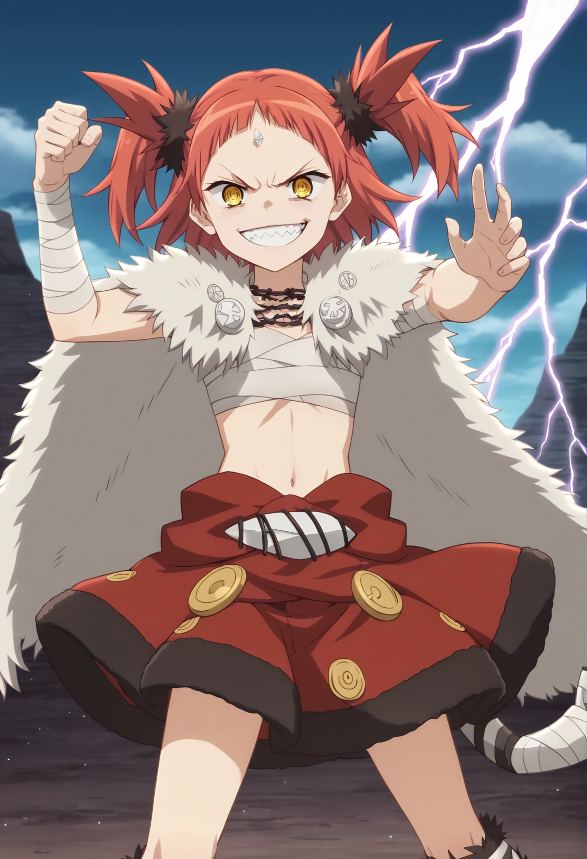 1girl, red hair, medium hair, twintails, yellow eyes, forehead jewel, sarashi, barbarian, fur trim, fur cape, bandages, bandaged arm, cape, skirt, boots, sharp teeth, single mechanical arm, smile, lightning, outdoors, valley, dynamic pose, cowboy shot,  <lora:Beato_prillya:1>, score_9, score_8_up, score_7_up, score_6_up, score_5_up, score_4_up, BREAK source_anime, masterpiece