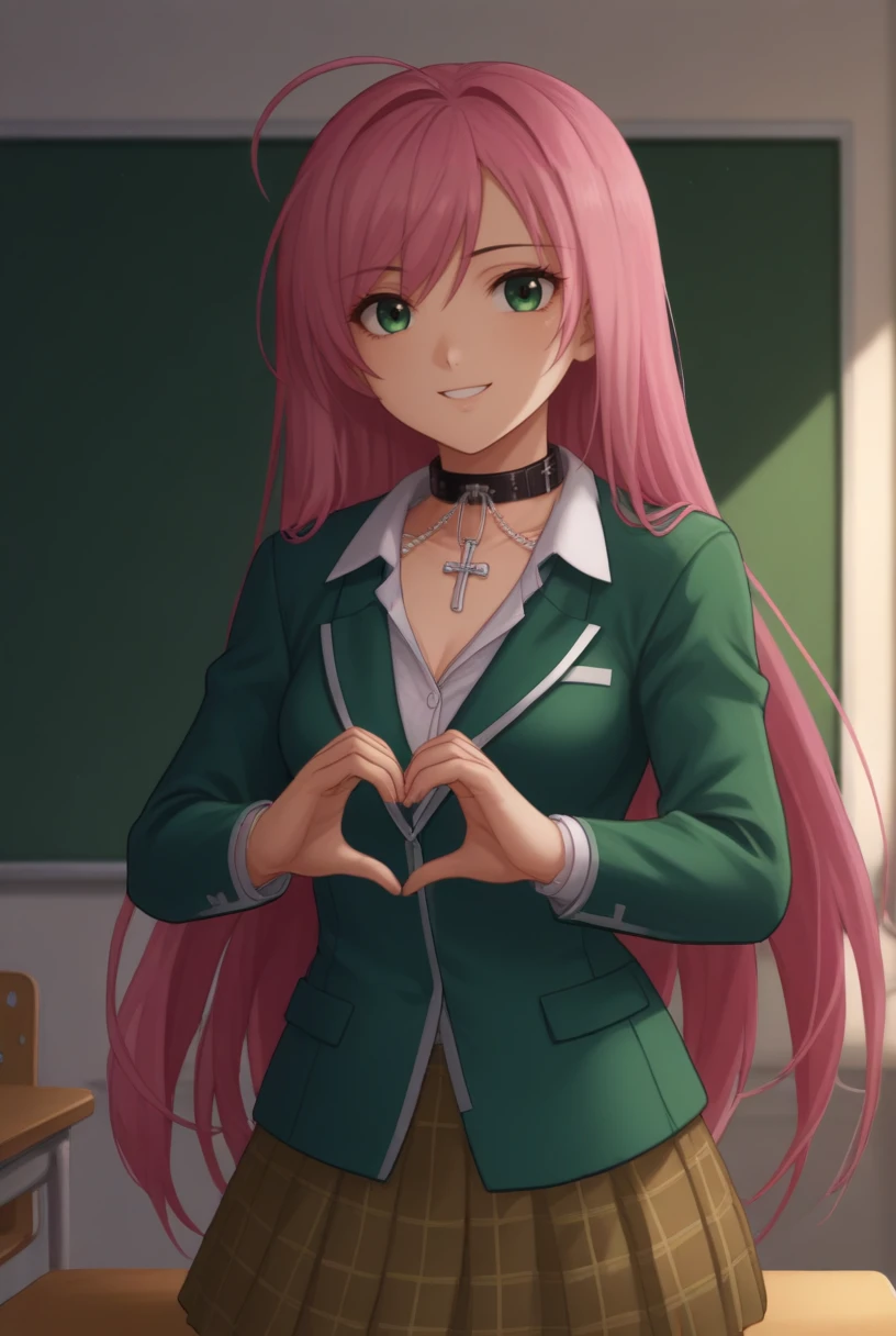 score_9, score_8_up, source_anime, solo, 1girl, cowboy shot, looking at viewer, 
 <lora:AkashiyaMokaPdxlDwnsty:1>, Akashiya Moka, green eyes, pink hair, long hair, ahoge, school uniform, collar, blazer, jacket, plaid skirt, choker, cross necklace, 
medium breasts, smile, heart hands, 
indoors, classroom, desk, windows,