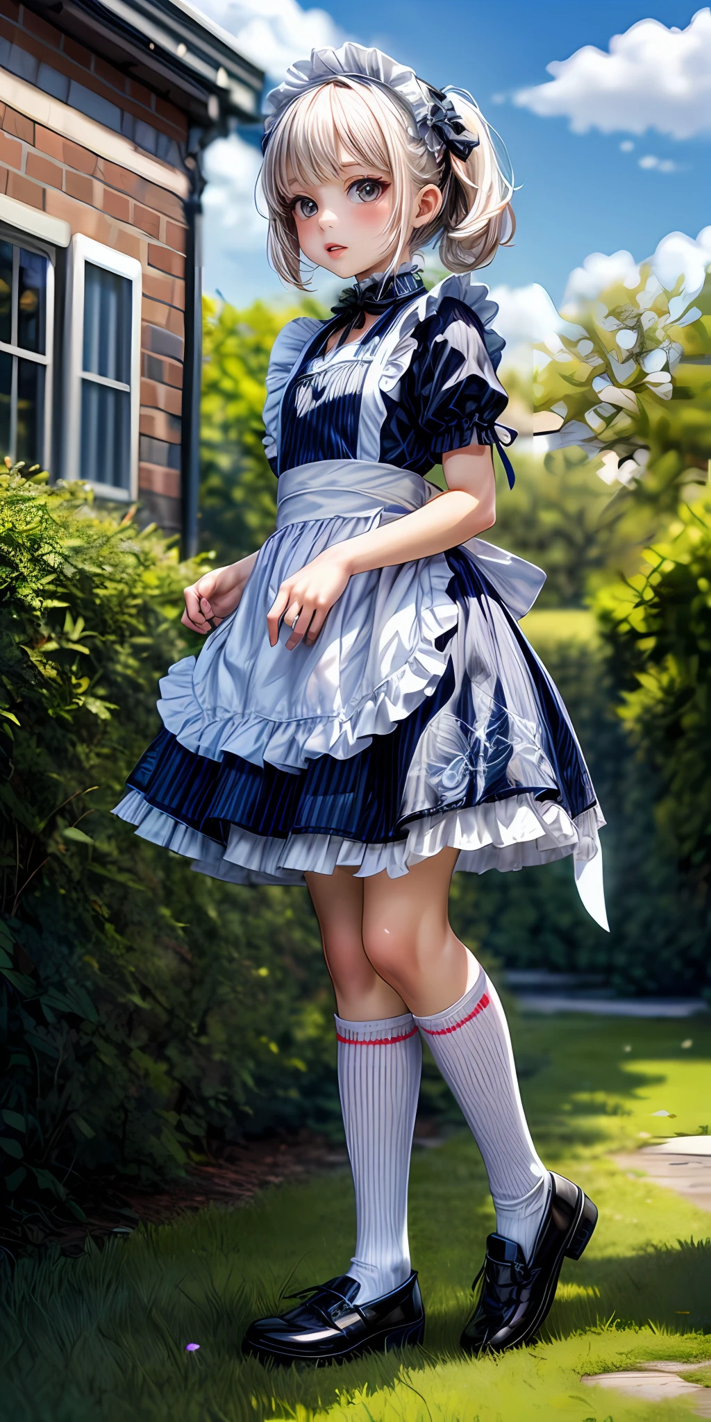 (masterpiece,ultra-detailed,best quality,8K,CG,illustration,shaved:1.0),(ite girl:1.2) <lora:more_details:1>,garden,flower,outdoor,sky
<lora:maid v1.0:0.5> jyojifuku, frills,apron,socks,shoes,