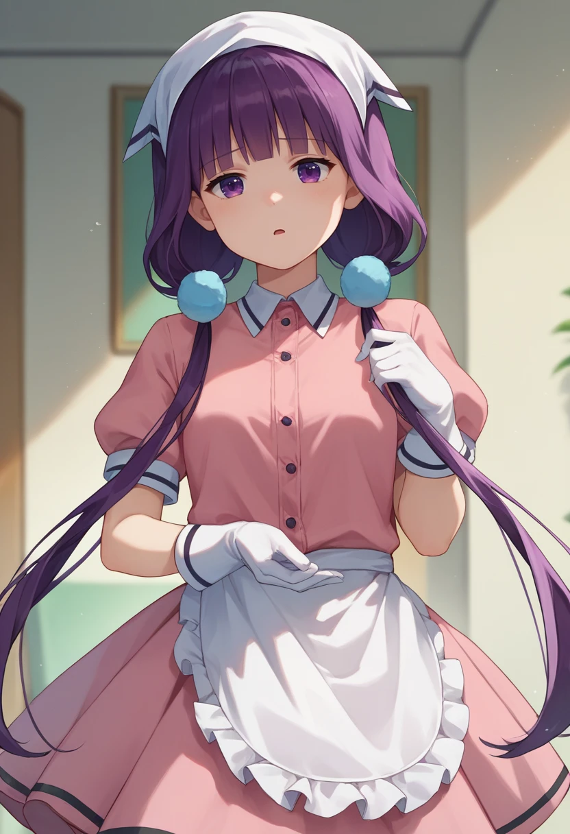 score_9, score_8_up, score_7_up, source_anime, 1girl, Maika, purple hair, purple eyes, low twintails, head scarf, pink dress,  white gloves, white apron,  <lora:MaikaPXL1-000010:1>