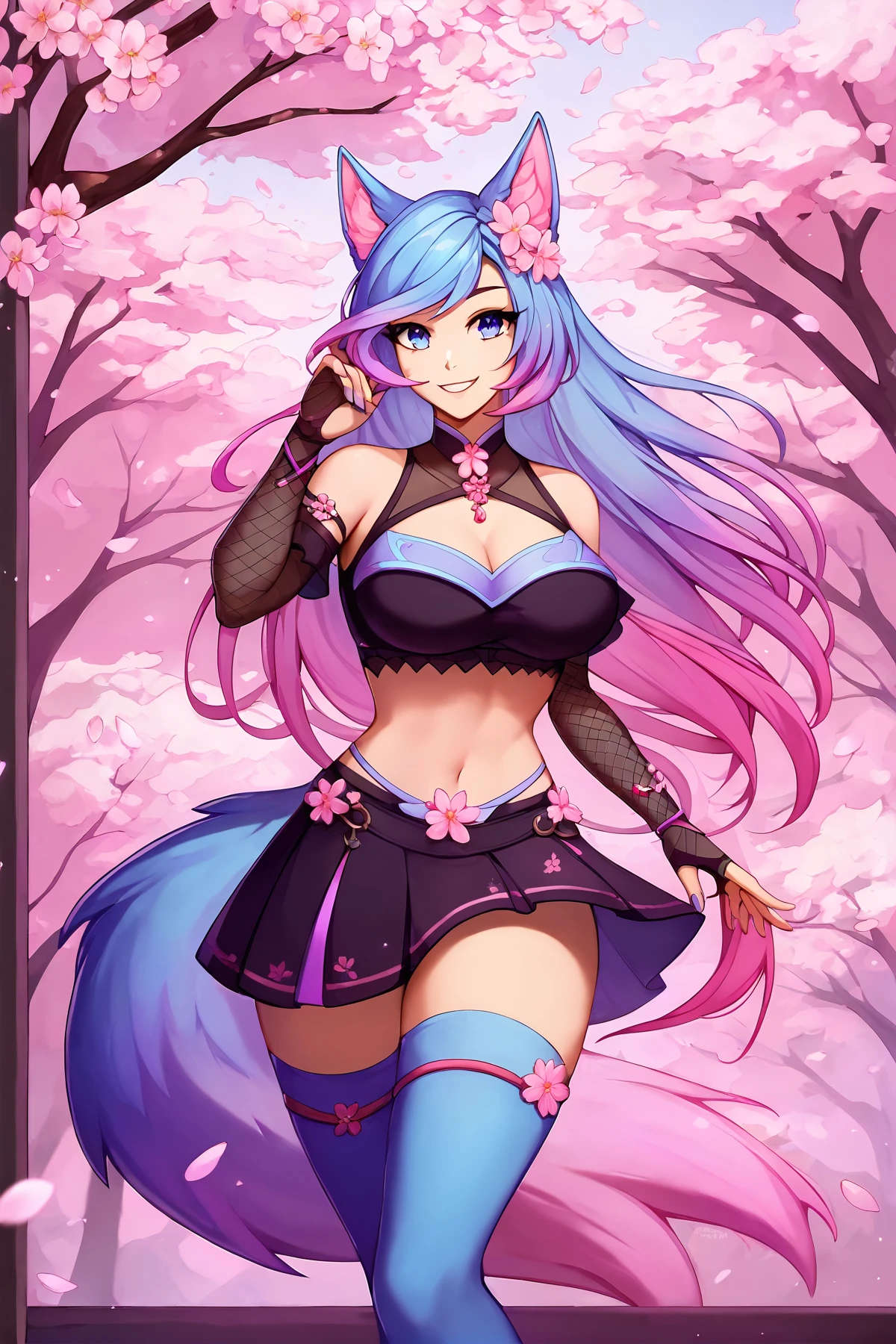 score_9, 
<lora:silvervale_v1_unpruned:0.9>, silvervale, 
black crop top, black skirt, fishnet gloves, blue thighhighs, pink thighhighs, 
smile, 
standing, cherry blossoms, 
1girl, solo, 
high resolution, Masterpiece