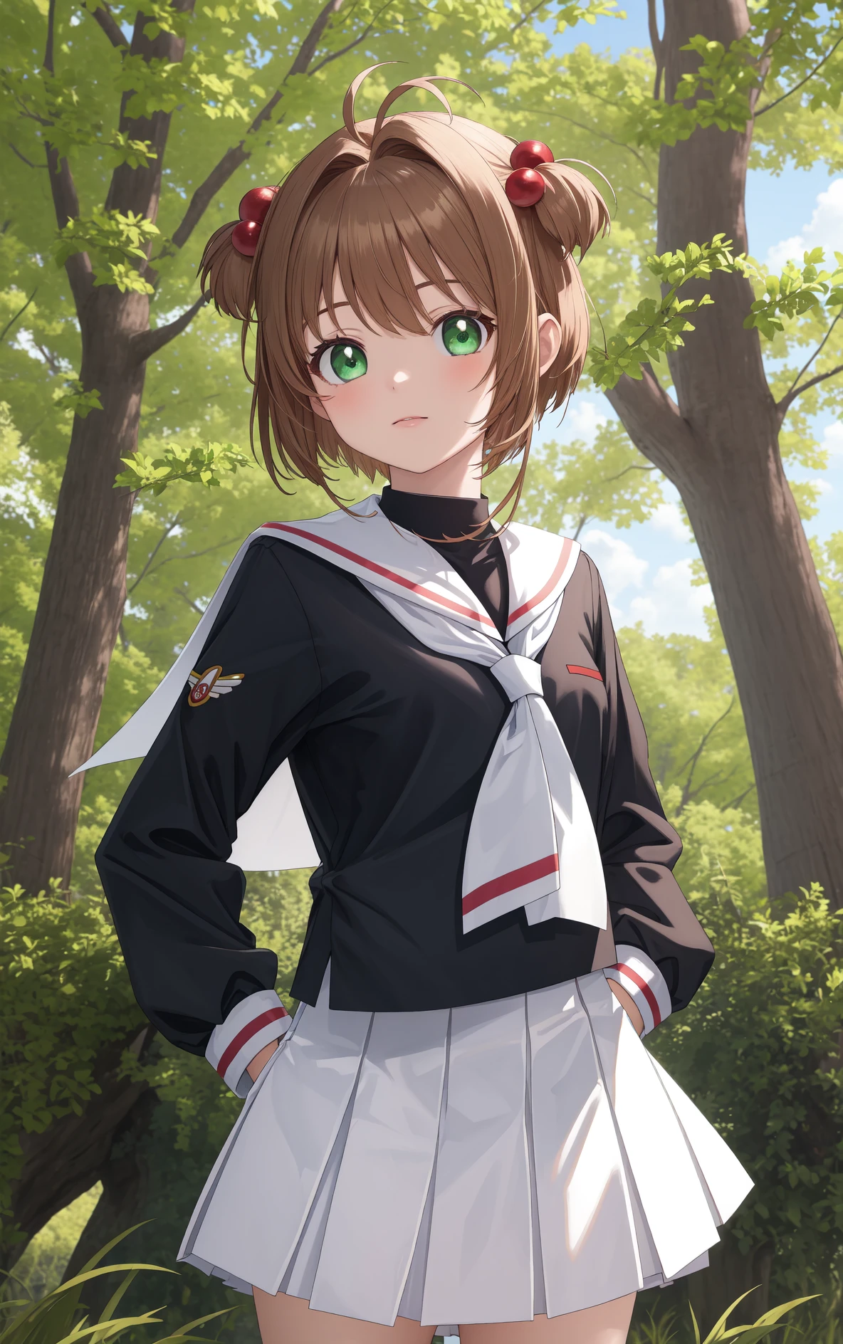 masterpiece, best quality, very aesthetic, ultra detailed, intricate details, 4k, anime style,
kinomotoai, 1girl, solo, bangs, green eyes, brown hair, short twintails, short hair, hair intakes, hair ornament, antenna hair, hair bobbles, twintails, two side up,
skirt, white sailor collar, shirt, long sleeves, school uniform, pleated skirt, serafuku, sailor collar, neckerchief, black shirt, white skirt, white neckerchief, 
cowboy shot, looking at viewer, hands on own hips, forest, outdoors, tree, sunlight, cloudy, <lora:Kinomoto:1>