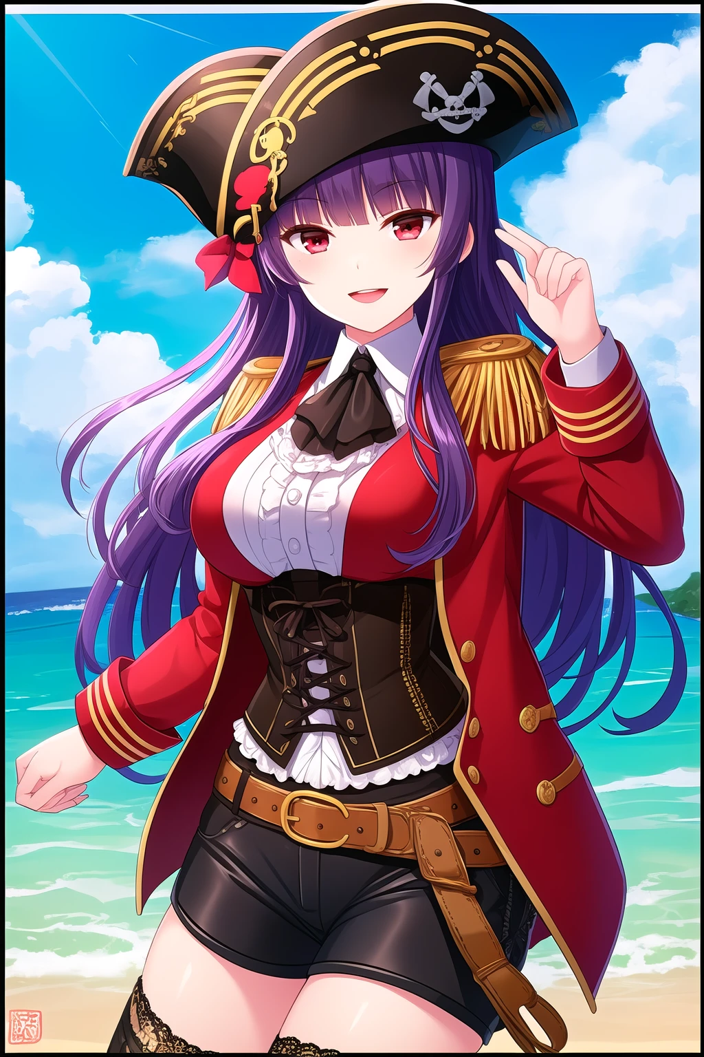 (masterpiece, best quality), highly detailed background, perfect lightingbest quality, kagurazakasaya, solo, outdoors, ocean, watercraft, pirate, pirate hat, black headwear, purple hair, blunt bangs, very long hair, red eyes, medium breasts, epaulettes, blue coat, lace trim, corset, open coat, cross-laced clothes, white shirt, long sleeves, belt, black shorts, short shorts, black thighhighs, smile, open mouth, :d, pink lips, <lora:Kagurazaka-Saya:0.7>