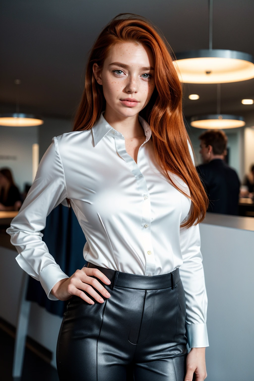 ((Full-Length Shot)),(best quality, high quality, sharp focus:1.4), beautiful european woman, ginger hair, freckles, office, pants, <lora:sat1nbl0us3:.7> sat1nbl0us3, buttoned, film grain, fujifilm XT3, sharpness, detailed