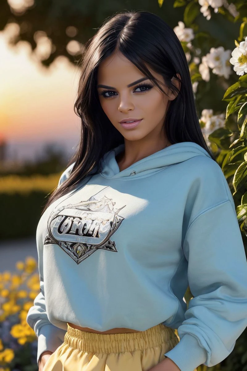 photo of S373_BlackAngelika,a stunning woman,in a (garden:1.1),wearing a (sweatshirt:1.1),(skirt),(sunset),(4k, RAW photo, best quality, 35mm, depth of field, ultra high res:1.1),(intricate, photorealistic, cinematic-shot, masterpiece, ultra-detailed:1.1),