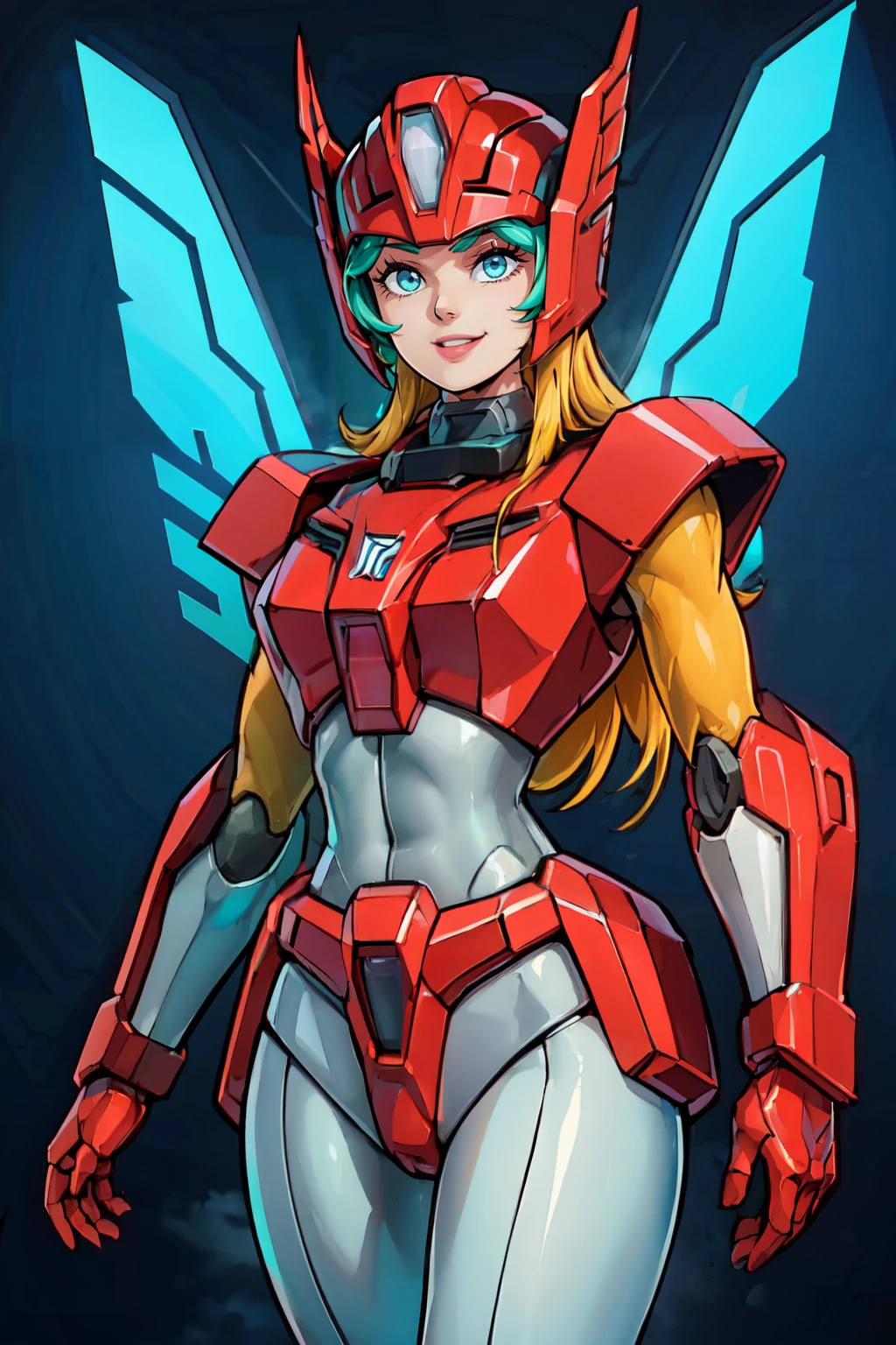 ((masterpiece,best quality)), absurdres, <lora:MinervaTransformer:0.7>,   zzMinerva, 1980s (style), ahoge, aqua eyes, armor, autobot, helmet, insignia, looking at viewer, machine, machinery, mecha, oldschool, pakata-san jr., retro artstyle, robot, science fiction, smile, standing, transformers, autobotLogo, silver logo, black background, shiny metal, metalic,   cowboy shot, smile, looking at viewer,