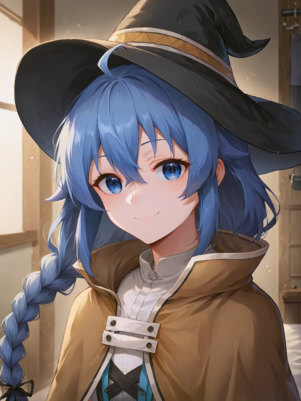 namagome negi, by namagome negi, smile, closed mouth, smirk, upper body,  <lora:MOSHUKU_Roxy_XL:0.8> roxy, 1girl, ahoge, black ribbon, blue eyes, blue hair, braid, hair between eyes, hair ribbon, long hair, twin braids, very long hair,braid, brown cape, cape, floating hair, hair between eyes, hat, long hair, black headwear, witch hat,, <lora:9_Detail_Tweaker_XL:0.8>, score_9, score_8_up, score_7_up, source_anime, masterpiece, best quality, highly detailed background, cinematic lighting, detailed eyes, perfect face,, lazy, teenager room, messy, bedroom, bed sheet, closet,