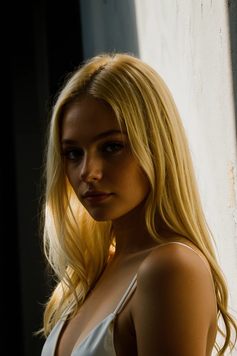 blonde girl, light contrast, hard shadows