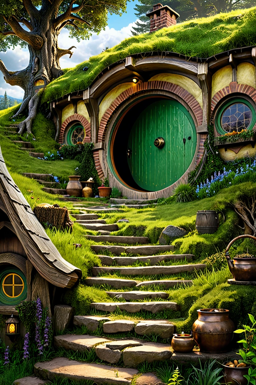 ((masterpiece, best quality)), high resolution, highly detailed, 32k picture, realistic, professional photo,    Hobbit Hole,  sky, day, tree, window, stairs, door, bush, house, path, night, deep forest, fireflies, bokeh, luminescent background,  ,<lora:Hobbit_Hole_SDXL:1.0>,