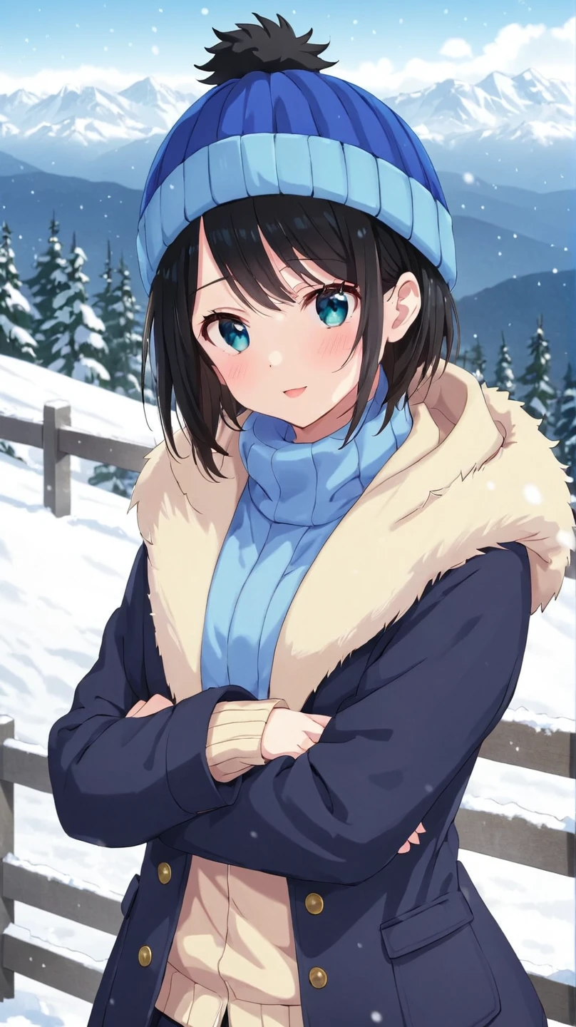 (solo) <lora:Ruka:1>, Ruka, Winter, snowing, snow covered mountains in the background, fur coat, beanie