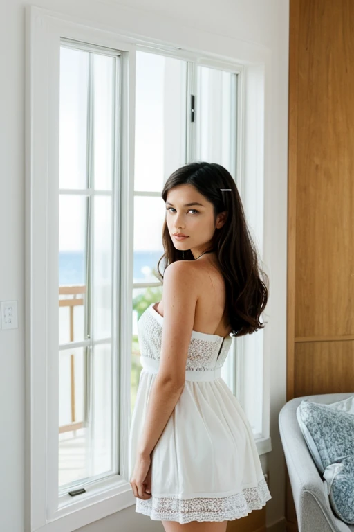 portrait photo of a beautiful woman <lora:AlleyB:1> , 1girl, solo, dark brown hair, perfect body, wearing a intricate emroided summer dress, in A cozy living room in a hamptons inspired summer house with white wooden walls, big windows, sea view, sunlight,warm and inviting atmosphere, style  of (Tyler Shields:1.2) <lora:add-detail-xl:0.5> (best quality), (masterpiece) ((upper body shot)), ((front view)) looking in camera,