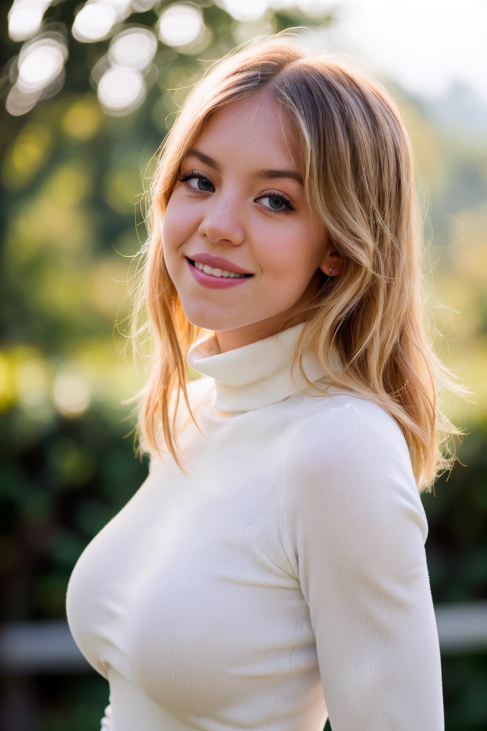 (sydsw33n3y_TI:0.95), face focus, an attractive woman, wearing a (turtleneck-tissue-dress:1.1), sensual smile, shallow depth of field, bokeh, cinemascope, epic, gorgeous, film grain
