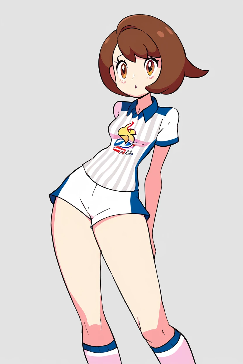 score_9, score_8_up, score_8, medium breasts, cute, eyelashes,   gloria (pokemon), gloriaUniform, collared shirt, white socks, white shorts, short shorts, kneehighs, striped shirt, print shirt, vertical stripes,  <lora:Gloria_Pokemon_P1:0.8>,   <lora:Diives_P1:1>,