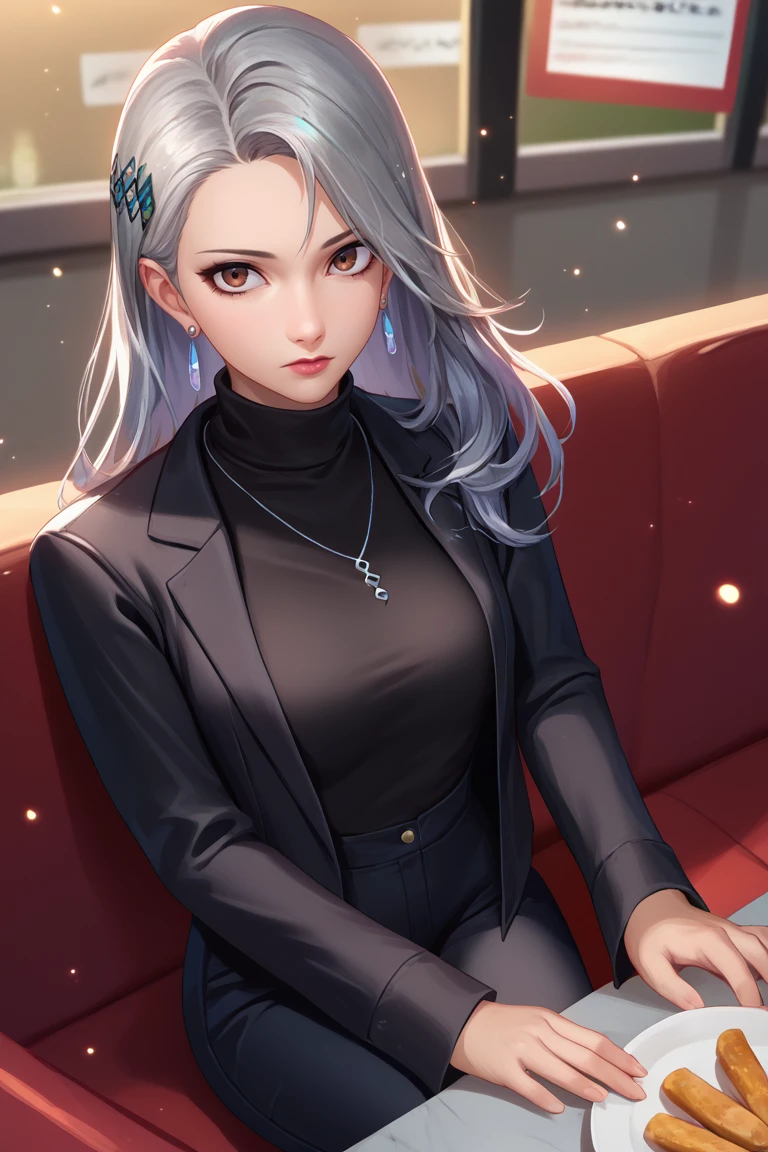 score_9, score_8_up, score_7_up, BREAK, <lora:liangxing-guy-PONYv1:1>, 1girl, solo, light particles, depth of field, breasts,   <lora:persona5_saeniijima_ponyXL:0.95> makeup, lipstick, hair ornament, brown eyes, black jacket, long sleeves, black sweater, turtleneck sweater, black pants, earrings, necklace, restaurant, indoors, sitting, from above, grey hair,