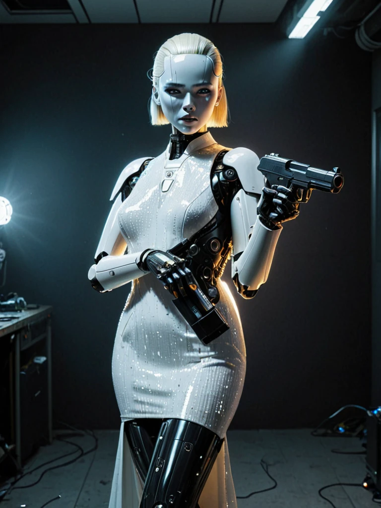 a gynoid robot in a dress, glamorous white sequin evening gown,  face seam, robot joints, black plastic skin, holding a gun in a dark room with lights on the ceiling and a neon light behind her, Feng Zhu, stanley artgerm lau, cyberpunk art, retrofuturism, realistic, masterpiece, detailed, 
 <lora:Droids_Wearing_Clothes_XL_-_Panache:1>