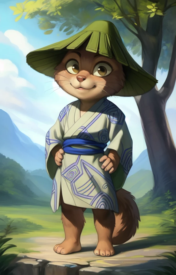 KawausoGeKi  <lora:KawausoGeKi:0.8> [road, earth, forest, trees, sky, clouds, mountains,]     kimono, green hat, blue belt, yellow eyes, brown fur, Yukata,  chibi , tail,
blue textured fur, solo,  looking at viewer, to his full height,  (beautiful, aesthetic, perfect, delicate, intricate, masterpiece, )  (Hands on hips, standing,)
by Floris van Dyck, by Anna Razumovskaya, by Pino Daeni, by Ulitochka, by Ruan Jia