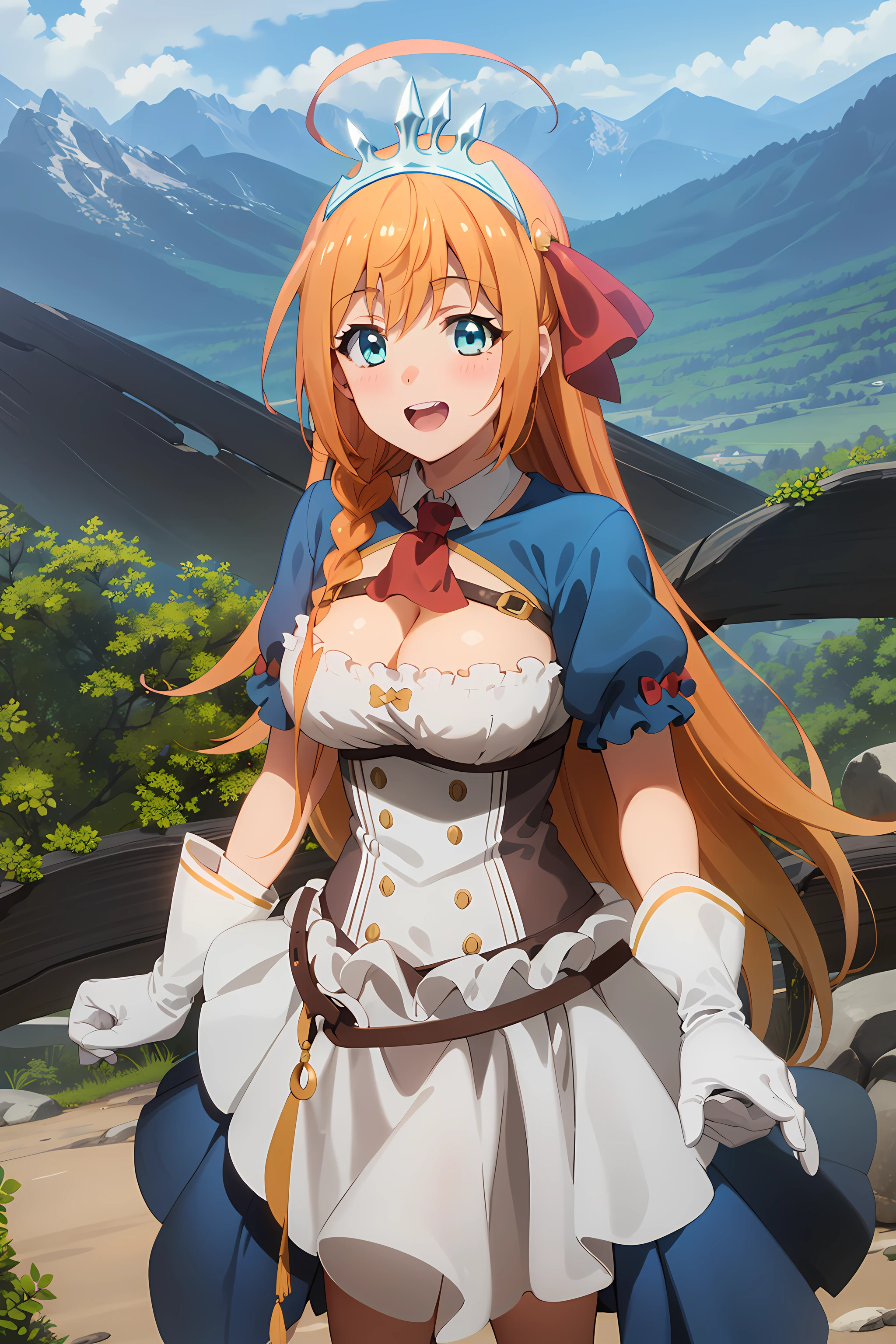 best quality, masterpiece, detailed,
<lora:PrincessConnect_Pecorine:0.8>, Pecorine,
1girl, open mouth, smile, teeth,
orange hair, very long hair, side braid, ahoge, blue eyes, tiara, hair ribbon,
PecorineDress, ascot, cleavage, blue sleeves, belt, gloves, skirt,
looking at viewer,
fantasy, scenery, forest, mountain