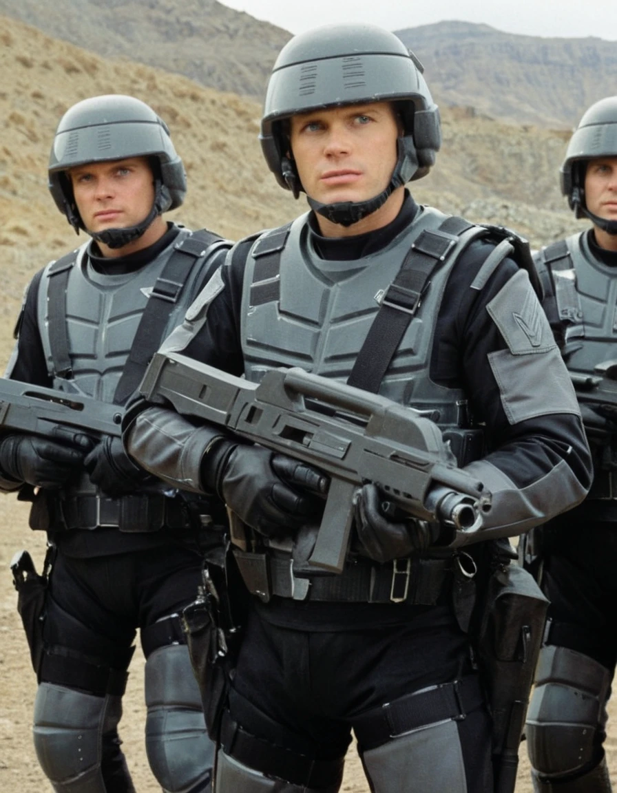 <lora:AFCD9ACB2E:0.6> A group of people wearing a Starship-trooper-uniform-with-helmet and holding a Starship-Trooper-Rifle, scene from a movie, promotional still, promo still, detailed skin texture, realistic, <lora:add-detail-xl:1>