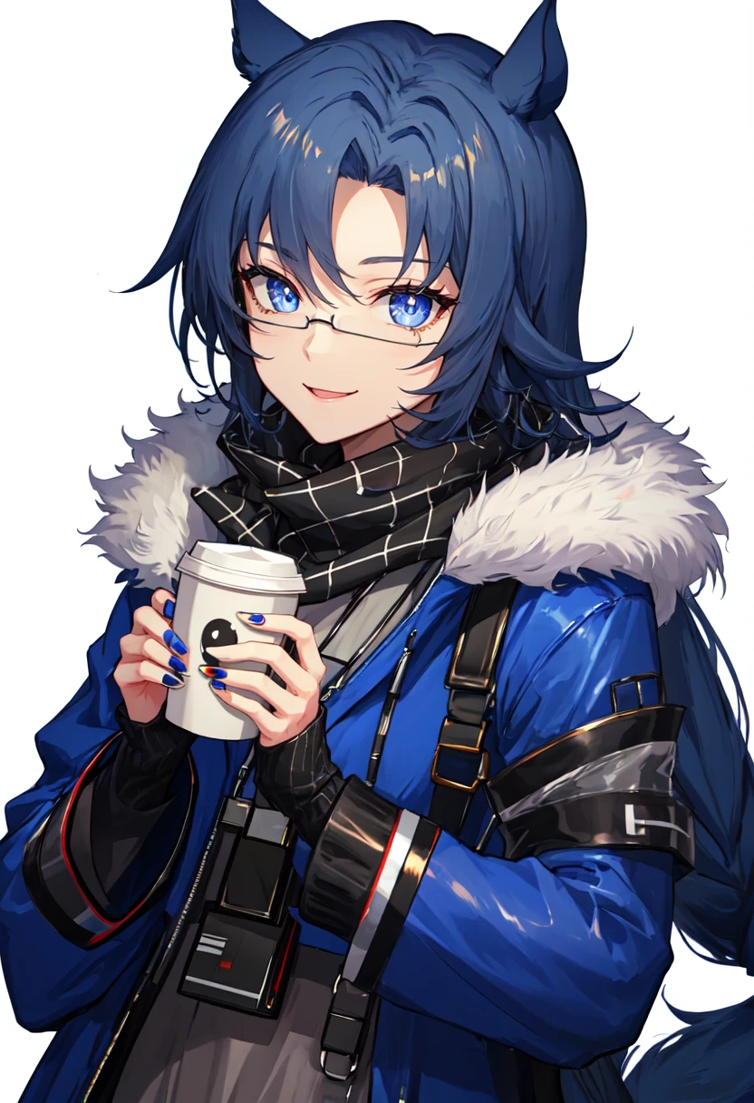 best quality, masterpiece, highres, solo, (fang_arknights:1.10), 1girl, blue jacket, long sleeves, black scarf, looking at viewer, holding cup, smile, coffee cup, upper body, closed mouth, nail polish, fur-trimmed jacket, simple background, white background, official alternate costume, 2 <lora:fang_arknights:0.80>