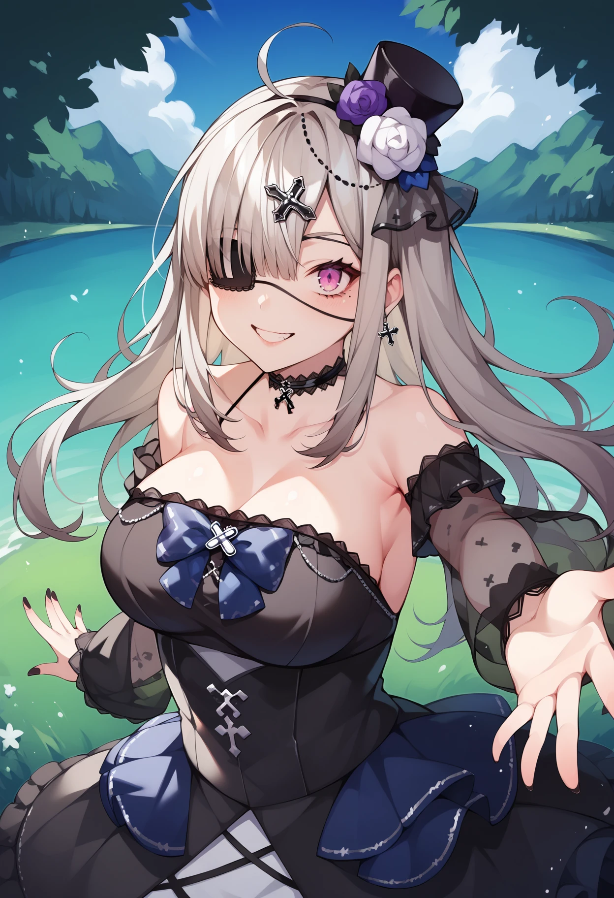 score_9, score_8_up, score_7_up, source_anime, bbkana, long hair, ahoge, mini hat, black headwear, hat flower, cross hair ornament, eyepatch, mole under eye, large breasts, choker, bare shoulders, goth fashion, blue bow, black dress, see-through, detached sleeves, striped pantyhose, <lora:sukoya_kana_xl_pony_v1:0.8>, smile, reaching, outdoors,