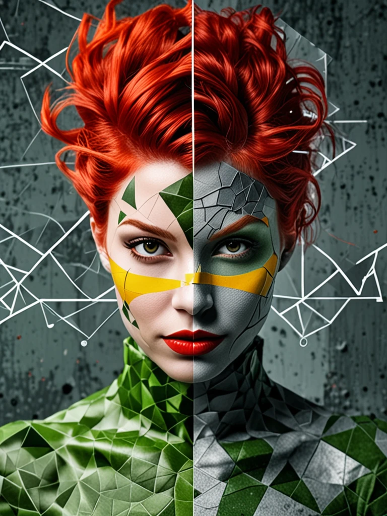 <lora:DeconDada-000008:0.8> hd-photo portrait of poison ivy (character), deconstructed photo, female focus, visually striking image, abstract geometry in the background, surreal undertones, dynamic perspective, Battleship grey,Ash gray,Chili red,Quick Silver,Maximum green yellow,amber,Snow