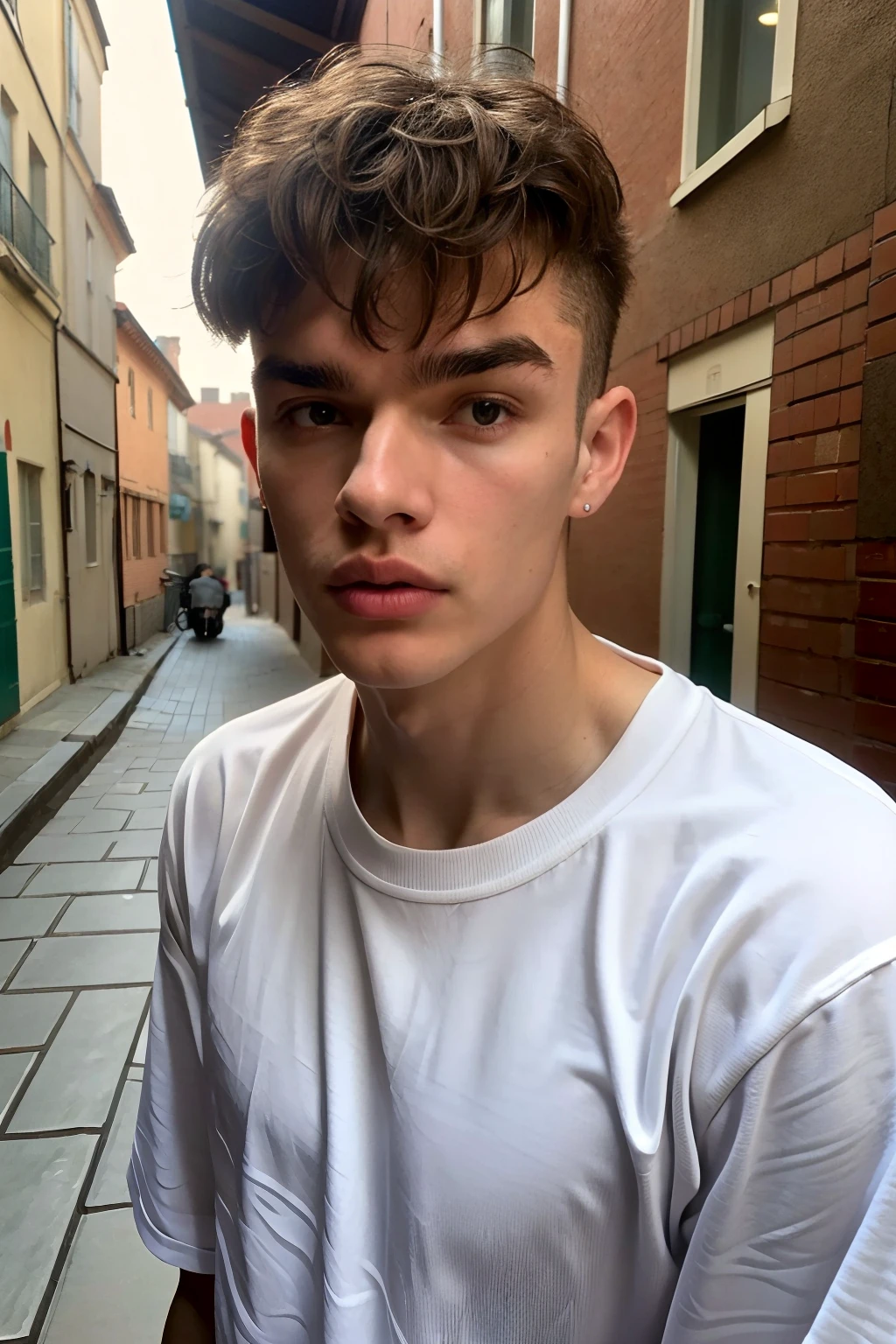 <lora:9B9F68A4BE:0.8> (Cartier Boy, Twink), (1boy), full pouty lips, 18yo, aesthetic, detailed face, subsurface scattering, standing in a stunning alleyway environment, editorial design, key visual, RAW photo, dreamy soft focus, detailed photo, gorgeous, shallow depth of field, bokeh, volumetric lighting, iridescent skin, (surreal:0.4), hyper detailed photorealistic life-like accurate proportional 8k sharp focus, (accurate cinematic lighting), photorealistic detail