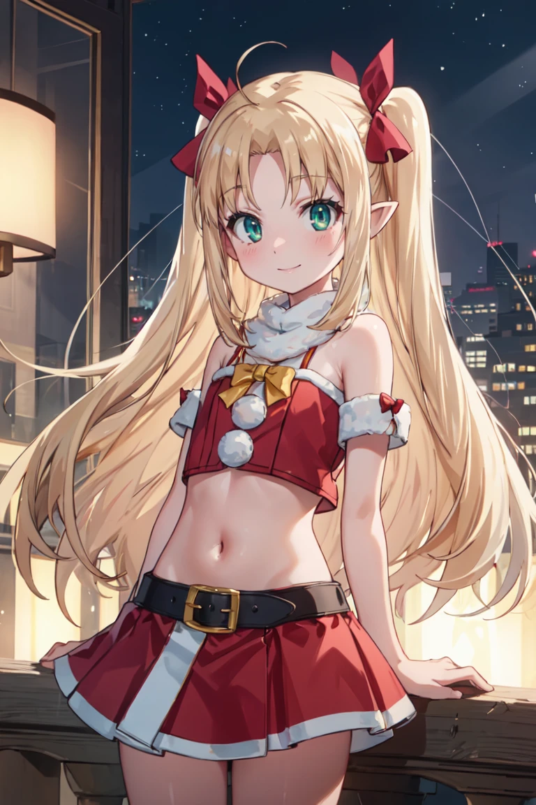 masterpiece, best quality, ultra-detailed, glistening shiny, glowing light, ray tracing, HDR, deph of field, (perfect face, detailed face),  <lora:AstarotteYgvar:0.7>, astarotte, long hair, pointy ears, flat chest, red hair ribbon, smile, santa dress, crop top, mini skirt, hands on sides, standing,