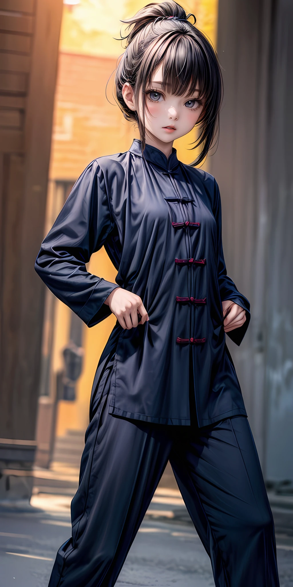 (masterpiece,ultra-detailed,best quality,8K,CG,illustration,shaved:1.0),(ite girl:1.2) <lora:more_details:1>,simple background
<lora:kung fu v1.0:0.6> jyojifuku, kung fu,pants