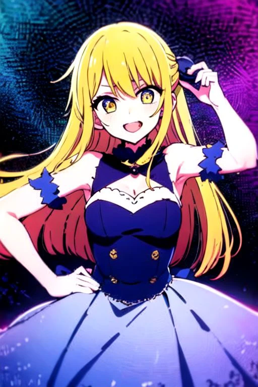 Masterpiece, best quality, ((HD quality)), anime style, Liliana, long wavy blonde hair, shoulder length hair, (blue eyes), (((large breasts))), ((black dress with red details)), ((full body)), ((ballroom stage))