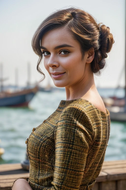 BarSt3TTXV1B,
a beautiful woman posing for masterpiece photo, wearing a dark-colored 60s tweed dress, (harbor ambience:1.5), (updo hairstyle:1.2), big smile,
(professional photo shooting), (high buget photo), (extremely detailed skin), (flawless skin), (model pose), (highly detailed facial features),
(perfect color grading), (High-quality textures and materials), (perfect setup and environments:1.9), (accurate light and shadow effects), (perfect visual quality),
(natural light), (high quality photography), (intricate details), (8k), (HDR), (sharp focus), (close-up portrait:1.2), (dark atmosphere:1.2)