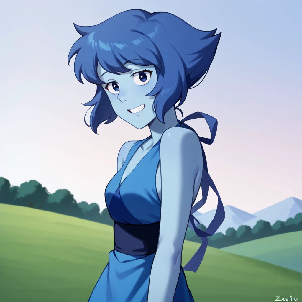 lapis_lazuli_lora lapis_sfw sfw, 1girl, blue hair, lapis lazuli \(steven universe\), steven universe, rating_safe, smile, memento photo, happy wholesome, INFP, introvert creative individualistic, perfect hands, outdoors, solo, looking at viewer, breasts, slim slender, blue skin, colored skin,source_anime, anime, score_9, score_8_up, score_7_up, score_6_up