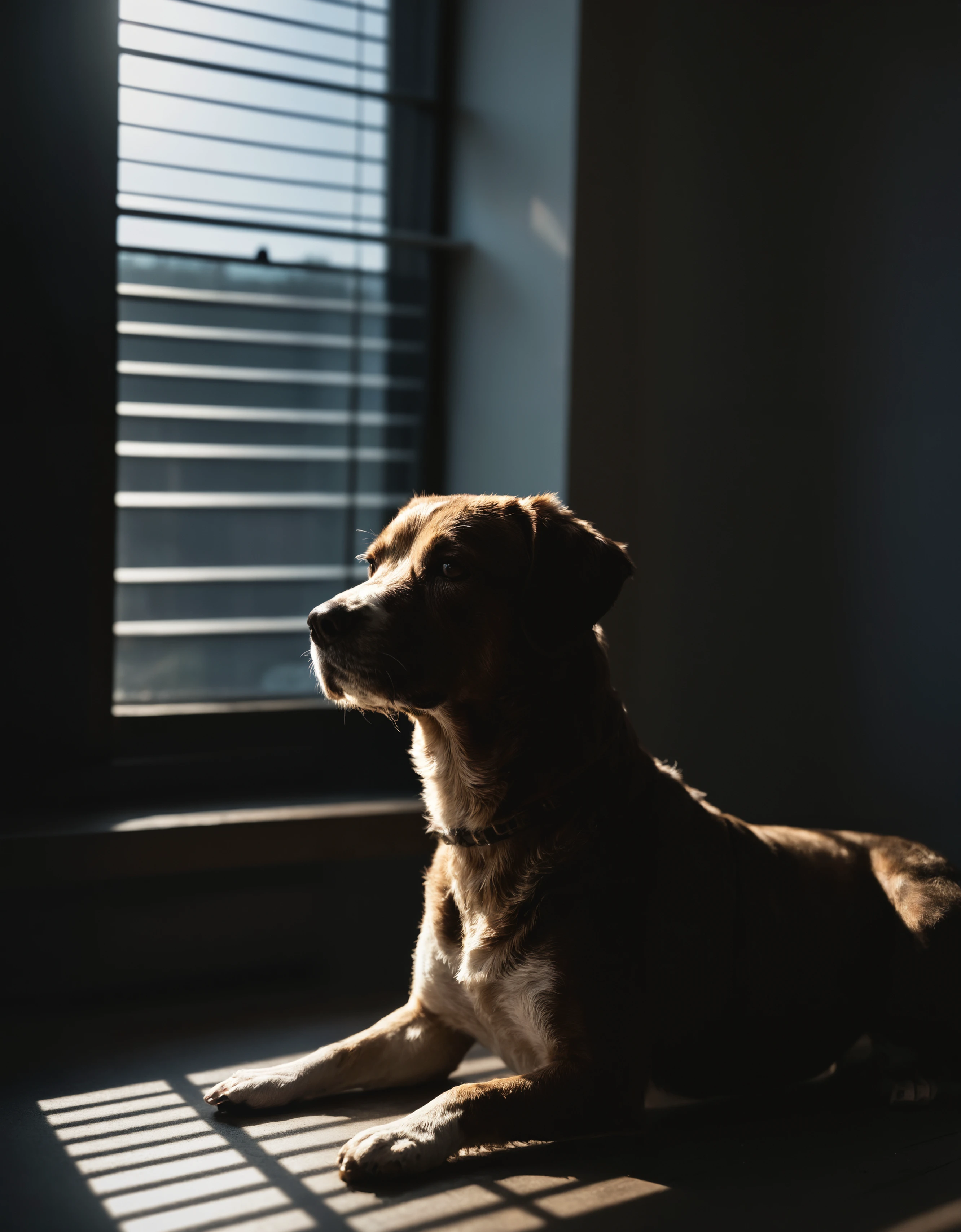 zavy-strps, award winning shot of a dog in front of window, shadows