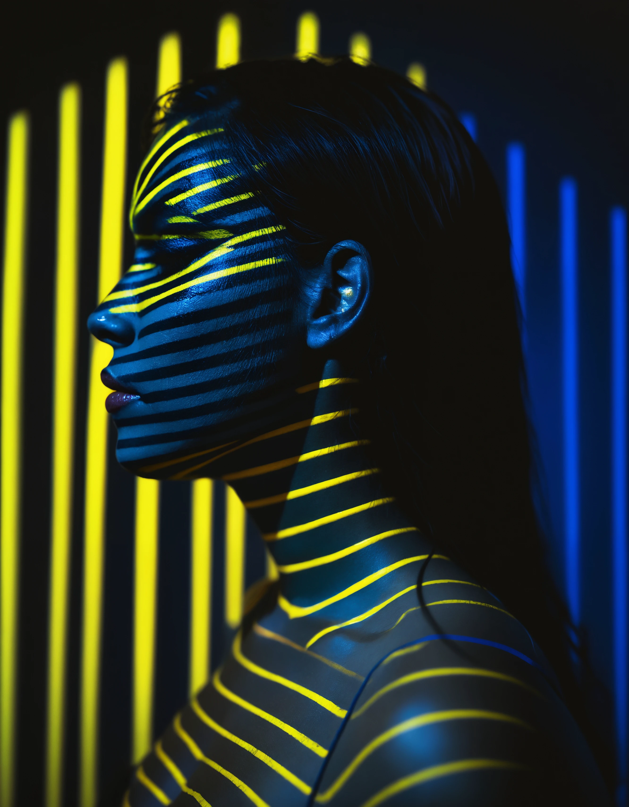 black rgb spectral 80s neon, macro shot of a woman close-up profile in blue yellow striped facepaint at night, dark with vibrant lines, made of very bold lines, emphasis lines, vertical and horizontal lines, perfect lines, infinity lines, close-up, portrait,