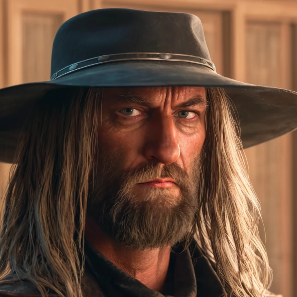 anime artwork of  <lora:The Saint of Killers:1>
In the wild west, a picture of The Saint of Killers a man with long hair wearing a hat,solo,long hair,looking at viewer,blonde hair,1boy,hat,male focus,parted lips,black headwear,facial hair,portrait,beard,realistic , realistic, realism, photorealism, hyperrealism, hyperrealistic, realistic, sharp, detailed, cinematography style, film light style, movie still,  professional photography, artistic, perfection, contrast, cinematic, filmic, high quality photo,  8k quality, colorful, photography style, horror themed, western style, anime style, key visual, vibrant, studio anime,  highly detailed