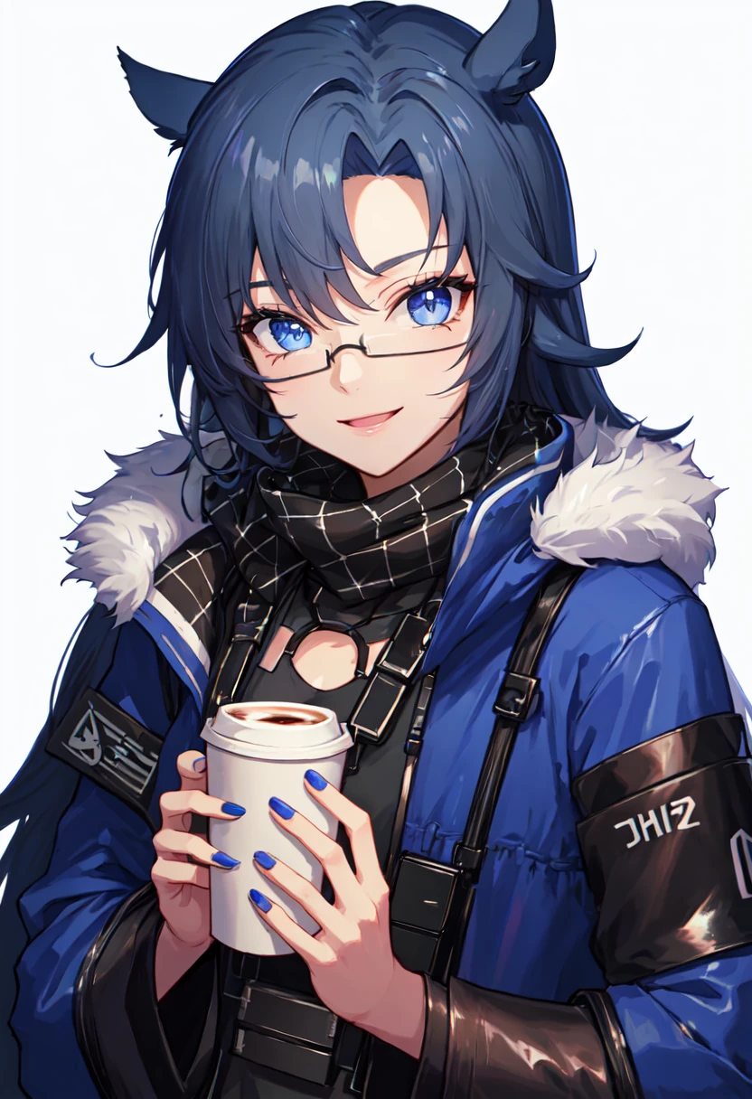 best quality, masterpiece, highres, solo, (fang_arknights:1.10), 1girl, blue jacket, long sleeves, black scarf, looking at viewer, holding cup, smile, coffee cup, upper body, closed mouth, nail polish, fur-trimmed jacket, simple background, white background, official alternate costume, 1 <lora:fang_arknights:0.80>