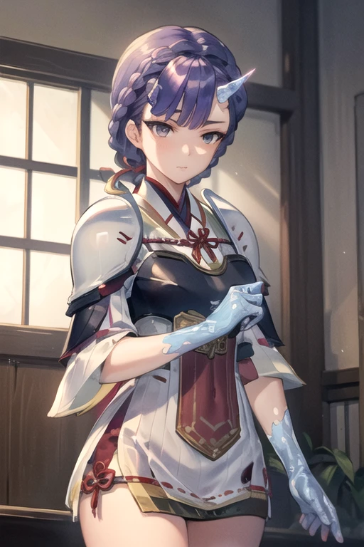 NimueXeno, 1girl, solo, black hair, blue gloves, red ribbon, purple eyes, purple hair, crown braid, japanese clothes, one horn, armor, shoulder armor, 