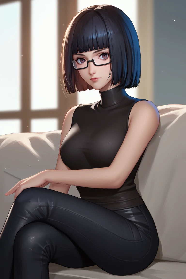 score_9, score_8_up, score_7_up, BREAK, <lora:liangxing-guy-PONYv1:1>, 1girl, solo, light particles, depth of field, breasts,  <lora:zs_WakabaXL:0.95> wakabap5, black hair, bob cut, blunt bangs, glasses, black turtleneck, sleeveless, leather pants, sitting, crossed legs, looking at viewer, indoors,