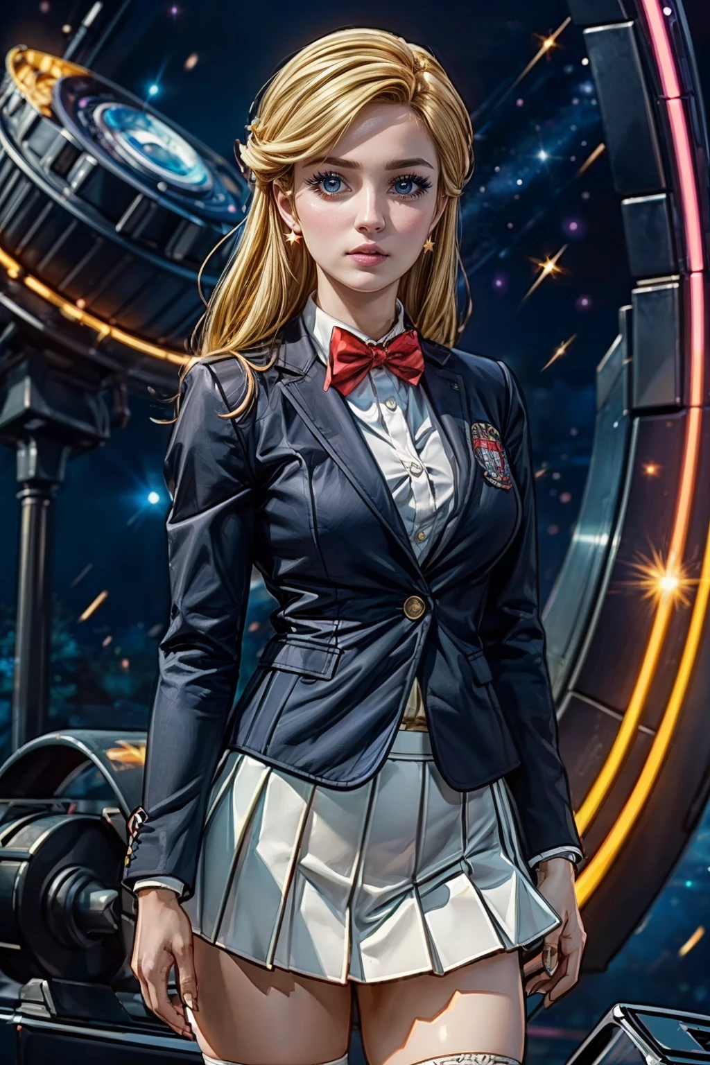 (ultra realistic,32k, masterpiece:1.2),(high detailed skin:1.1),( high quality:1.1),  <lora:MinervaTransformer:0.5>, zzMinerva, blonde, skirt, long sleeves, bow, school uniform, standing, jacket, pleated skirt, socks, bowtie, black eyes, parody, blazer,   blooming stars, luminescent lights, otherworldly cosmos,  blurry background, (looking at viewer, standing:1.1),  large breasts, <lora:add_detail:0.92>, (glowwave:1.1),