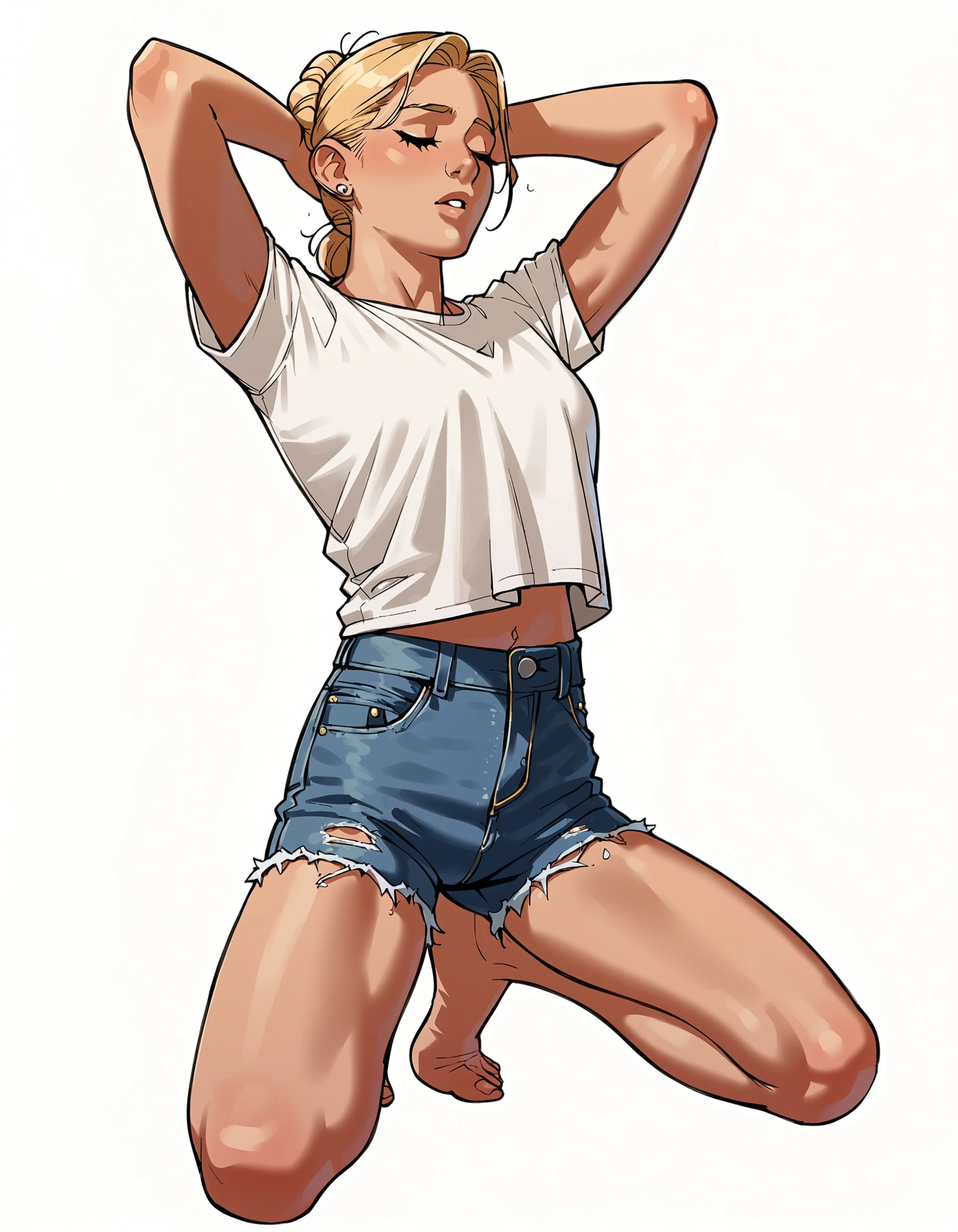 score_9, score_8_up, score_7_up, score_6_up, score_5_up, score_4_up, beautiful woman, white background, lineart, source_anime, smooth outline, blonde hair, white shirt, denim shorts, arms behind head, kneeling, legs apart, full body, barefeet, tiptoes, looking down, parted lips, closed eyes