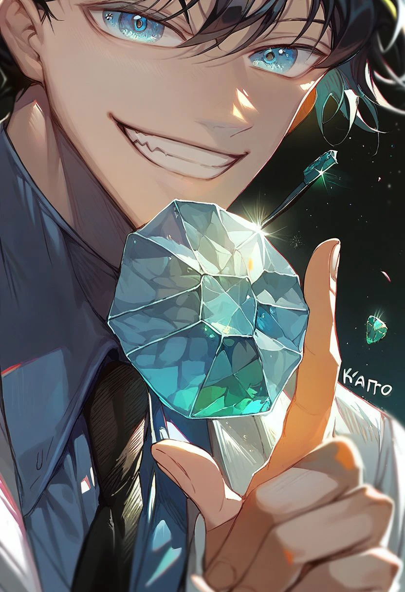 (score_9, score_8_up:1.1), score_7_up, kaito kid, 1boy, solo, black hair, blue eyes, monocle, white top hat, purple shirt, necktie, close up, smile, teeth, holding green gem, nori